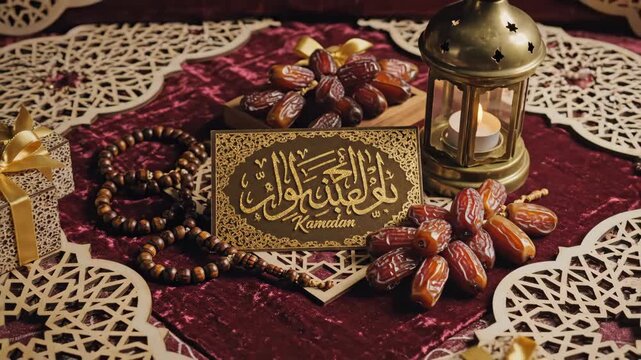 Celebrating Ramadan with a serene flat lay scene featuring dates, lantern, and prayer beads on an intricate lace doily