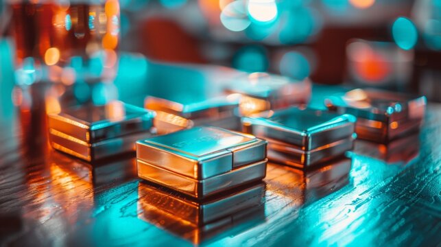 Multiple metallic cigarette cases are arranged on a wooden table, reflecting colorful bokeh lights in the background, creating a visually striking scene