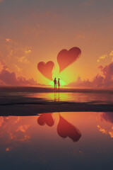 Valentine's Day card, two hearts. Girl and boy figures, sunset