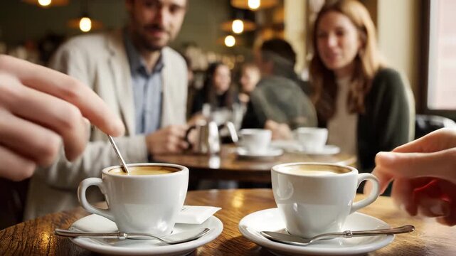 Coffee cups in the foreground with a couple talking on a date. People meeting and socializing in a cozy cafe. Hands stirring a hot beverage