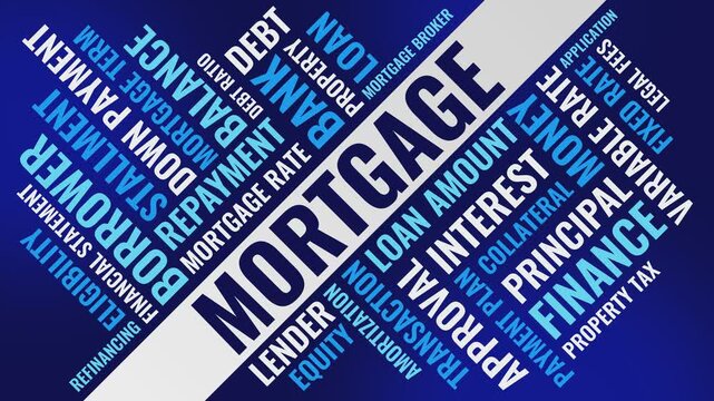 Mortgage Word Cloud Animation for Home Loans Approval Payments Interest Rates and Banking Systems