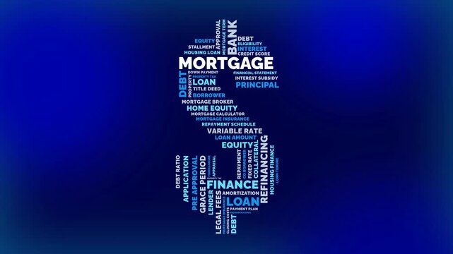 Mortgage Finance Word Cloud Animation for Home Banking Approval Interest Rates Equity and Refinancing Concepts