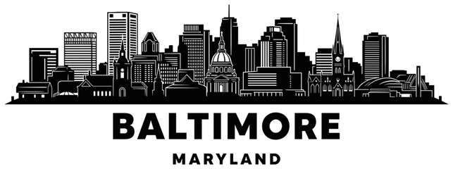 Baltimore Skyline Silhouette: Maryland Cityscape, Historic and Modern Architecture, Churches, Skyscrapers, Black and White, Minimalist Style, Urban Landmark Illustration © MSTShahanaz