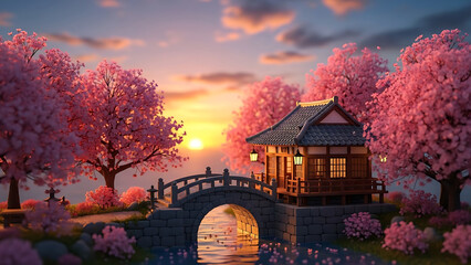 Enchanting Japanese garden scene at sunset with a traditional wooden bridge, cherry blossoms, and a tranquil stream, evoking peace and beauty.