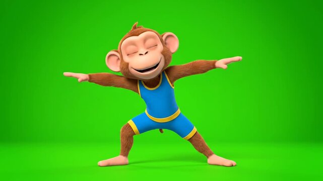 Cartoon monkey performing yoga pose with arms outstretched on vibrant green background for fitness and wellness themes