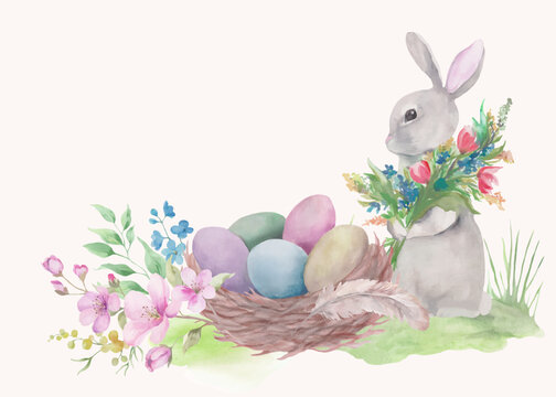 Watercolor Easter Bunny with Eggs Nest and Spring Flowers. Hand drawn illustration isolated on pastel background.  Vector EPPS.