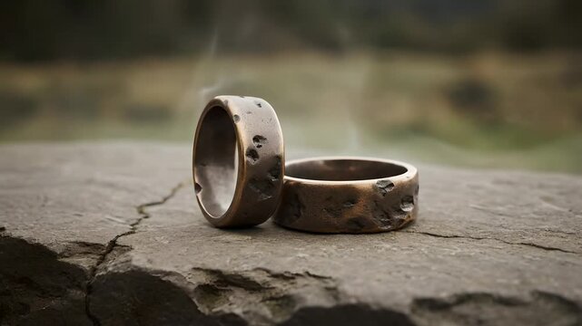 Rustic hammered bronze rings with a textured, ancient look resting on cracked stone, as mysterious smoke drifts around them. Perfect for unique jewelry displays, fantasy artifacts,