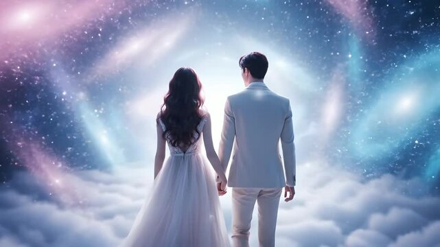 Couple holding hands, walking towards a luminous cosmic galaxy above ethereal clouds, symbolizing a romantic journey, eternal love, wedding dreams, and a hopeful future together.