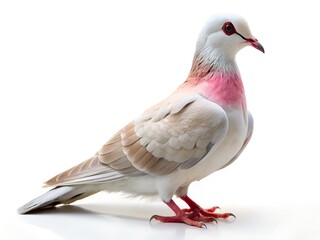 A pigeon standing on a white surface with a pink neck and gray feathers