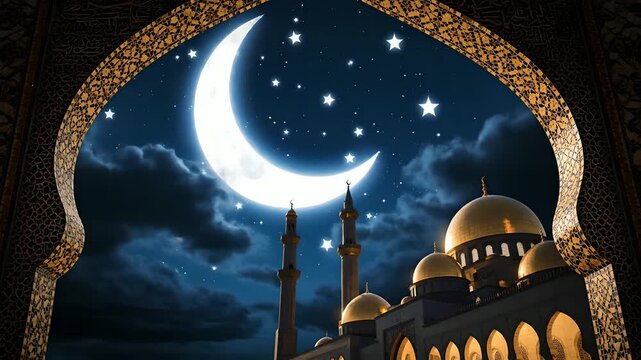Ornate Islamic arch frames a majestic mosque with golden domes, minarets under a glowing crescent moon and twinkling stars at night. Perfect for Ramadan, Eid al-Fitr, Eid al-Adha, Islamic holidays,