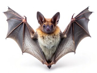 A close up of a bat with outstretched wings on a white background