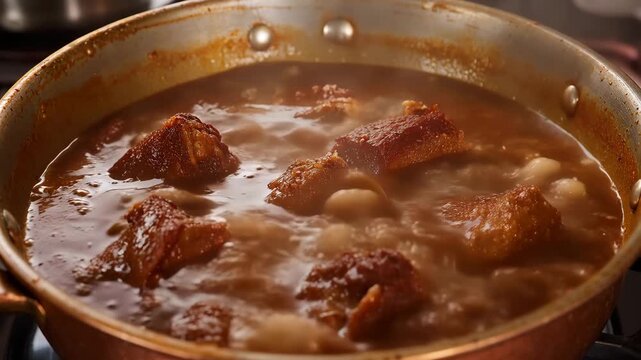 A pot of oxtail stew with chunks of meat and beans in a rich brown sauce simmering on the stove