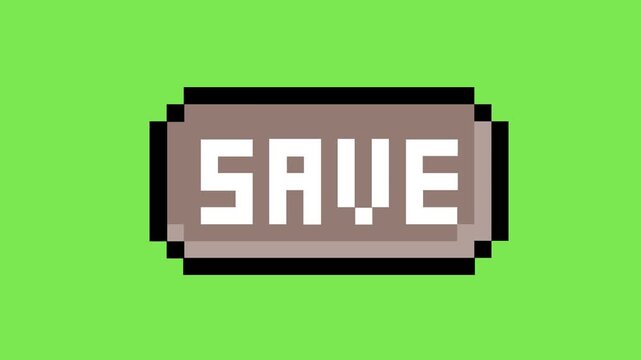 Classic pixel art 'SAVE' button graphic representing digital data storage, user interface interaction, and the concept of progress preservation in virtual environments