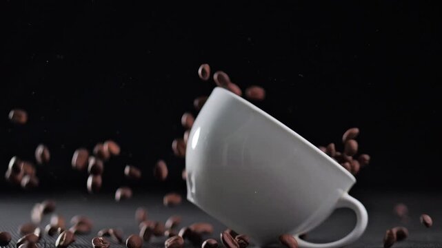 Slow motion of roasted coffee beans falling into and out of a white ceramic cup on black background