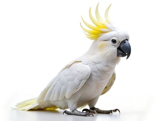 Vibrant yellow and white cockatoo perched on a surface
