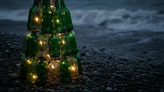Bottle Christmas tree illuminated with fairy lights on a pebble beach at dusk, with gentle ocean waves. Perfect for eco-friendly holiday campaigns, sustainable celebrations, recycling themes,