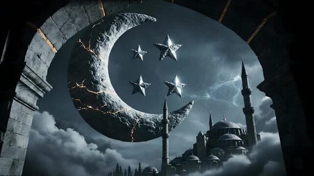 Crescent moon and stars above a grand mosque, framed by an ancient archway under a cloudy sky. Ideal for Ramadan, Eid, Islamic events, historical documentaries, and mystical fantasy projects.