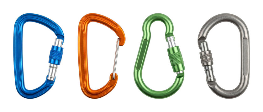 Four colorful climbing carabiners arranged horizontally, showcasing different types of safety clips used for outdoor sports and industrial applications.