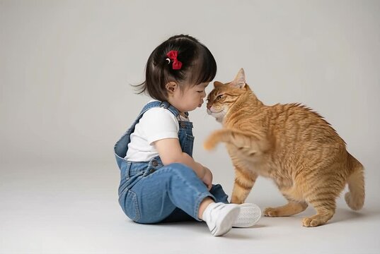 Girl who is sulking with her cat and doesn't want to be held by her cat but the cat keeps getting better and the girl keeps approaching her