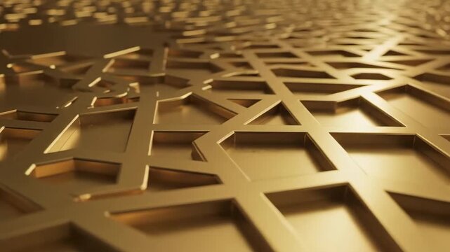 A serene Ramadan background with intricate golden patterns and geometric shapes, creating a peaceful atmosphere.