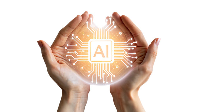 Hands presenting glowing AI concept with circuit board cut out on PNG, isolated transparent background, artificial intelligence technology. AI generated.

