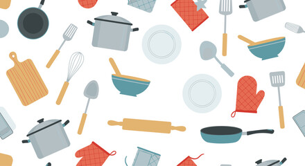 Busy seamless pattern of various kitchen utensils, pots, pans, and baking tools in a modern flat illustration style.