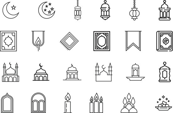 Ramadan and Eid Islamic Line Icon Set &ndash; Mosque, Lantern, Crescent Moon, Prayer Symbols