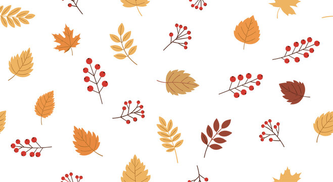 Warm and inviting seamless pattern of various falling autumn leaves and red berries on a clean white background.