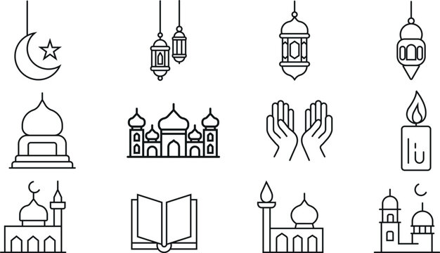 Ramadan Decorations & Symbols Icon Bundle Mosque, Lantern, Crescent Moon, Prayer Symbols