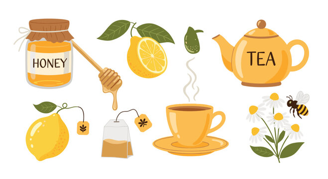 Delightful collection of tea-time illustrations featuring a teapot, honey jar, lemon, tea bags, and chamomile flowers.