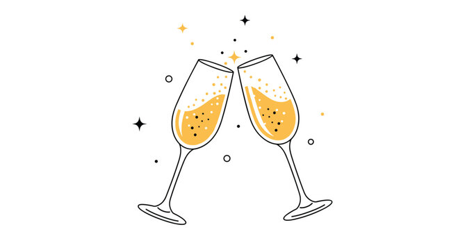 Festive illustration of two champagne flutes clinking in a toast with sparkling stars and bubbles on a white background.