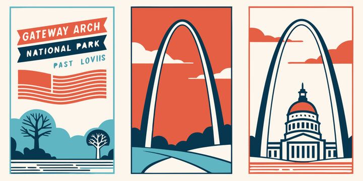 U.S, USA, US, United States - Gateway Arch National Park Trio &ndash; Retro St. Louis Landscape, Arch View, and Courthouse Dome in Red Blue Cream Minimal Illustration Style for Vintage City Wall Art
