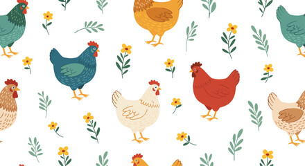 Delightful seamless pattern of colorful chickens walking among yellow flowers and green leaves on a clean white background for spring designs.