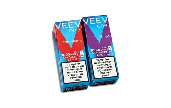 Photo of two VEEV One disposable vape packages. VEEV One is a rechargeable pod vape with replaceable pods, designed and manufactured by Philip Morris.