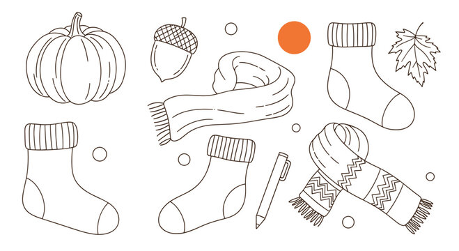 Seasonal black and white line art collection of autumn items like pumpkins, acorns, scarves, socks, and leaves for coloring or icons for kids.