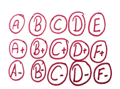Handwritten letter grades a to f with plus and minus variations isolated on transparent background