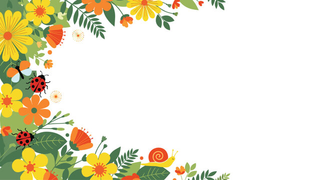 Charming floral corner border with bright yellow and orange flowers, green leaves, friendly ladybugs, and a cute snail on a white background.