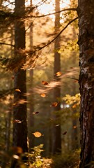Obraz premium Golden sunlight in an autumn forest with leaves flowing through the air, creating a cinematic and peaceful atmosphere