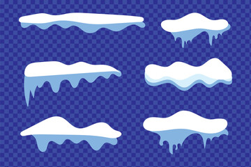 Cartoon Christmas winter snow caps and icicle drifts, vector icy borders. Snow caps on window or roof snowy piles for Xmas seasonal decoration, Christmas holiday cozy mood and winter game