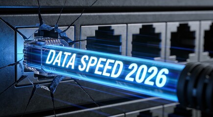 Obraz premium Futuristic glowing fiber optic light beam breaking through a metallic wall with Data Speed 2026 text symbolizing breakthrough technology.