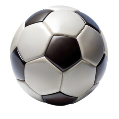 Classic black and white stitched leather soccer ball prominently featured in a detailed close up shot on transparent background