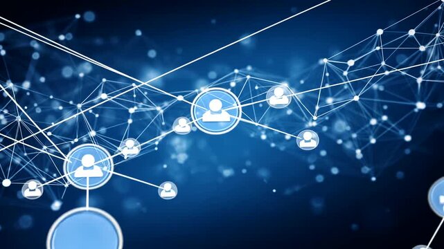 A digital network representation features interconnected nodes and user icons against a blue gradient