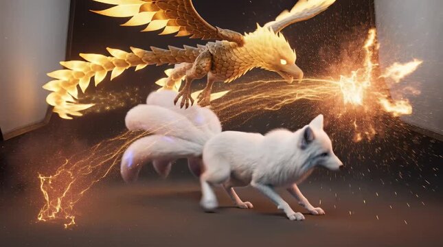 Majestic White 9‑Tailed Fox With Glowing Blue Eyes And Luminous Tails Dueling An Enormous 8‑Tailed Golden Fire Bird In Mid‑Air