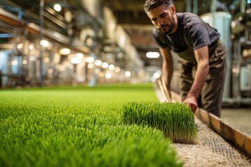 Naklejka premium Maltster Turning Sprouting Barley on Germination Floor in Brewery
