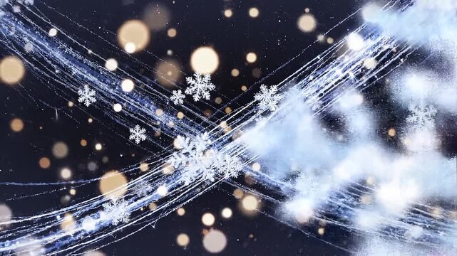 Snowflakes and glowing lines intersecting in a dark space with bokeh lights