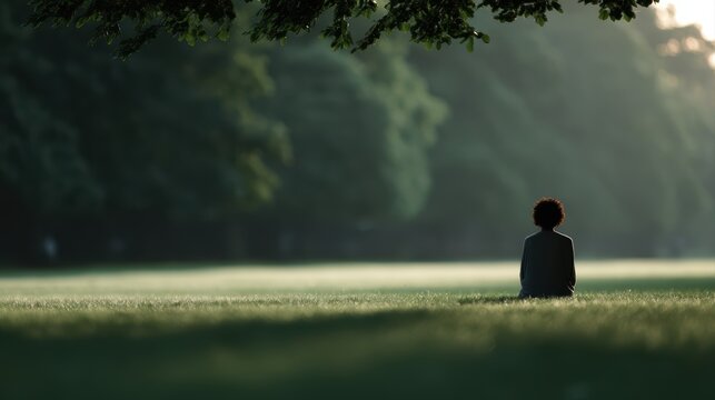 Person enjoying a tranquil moment alone in a sunlit park, soft shadows, mindfulness and calm lifestyle