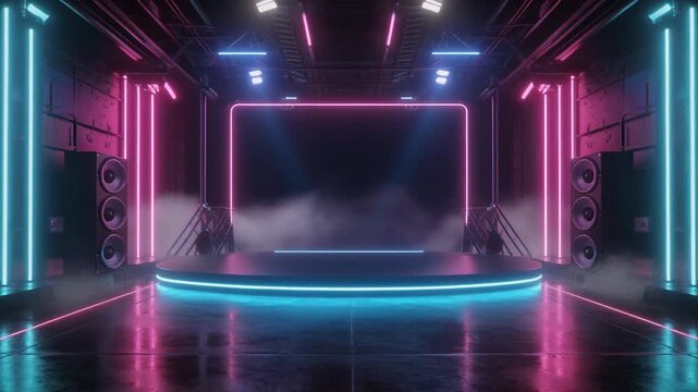 Futuristic neon-lit stage with speakers and smoke for a concert or performance, vibrant electric atmosphere