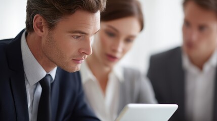 Fototapeta premium Business advisor discussing marketing strategy on tablet with team