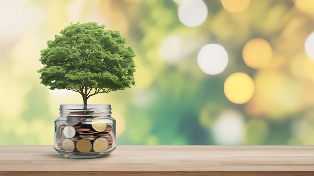 Green Tree Growing from Jar of Coins on Wooden Surface, Bokeh Background