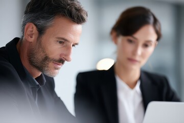 Fototapeta premium Portrait of male and female engineers analyzing AI software on laptop in high tech office